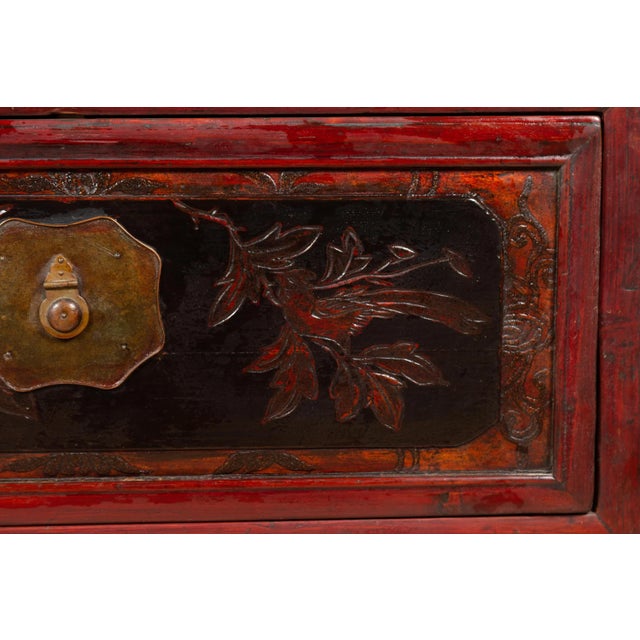 Antique Chinese Red and Black Lacquered Three-Section Chest with Carved Figures For Sale In New York - Image 6 of 13