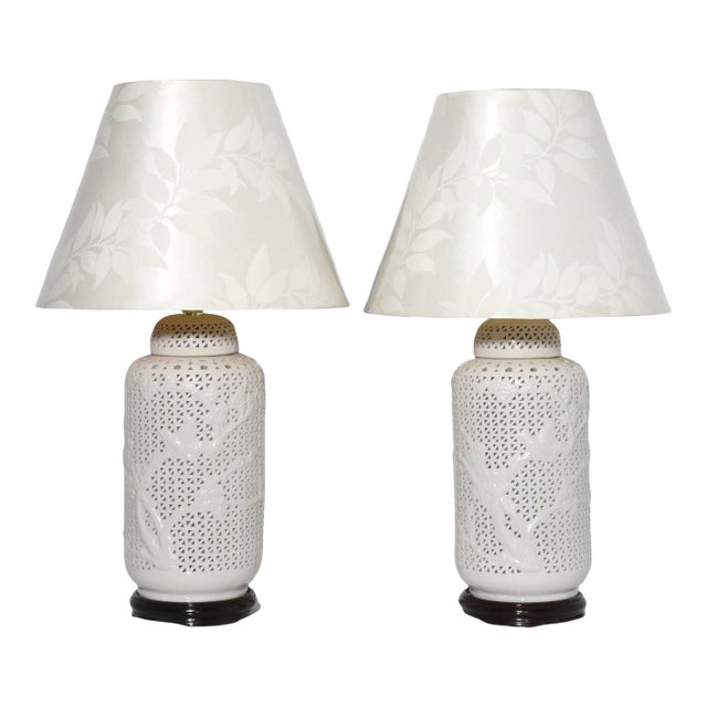 Large Scale Reticulated Blanc de Chine Table Lamps - a Pair For Sale