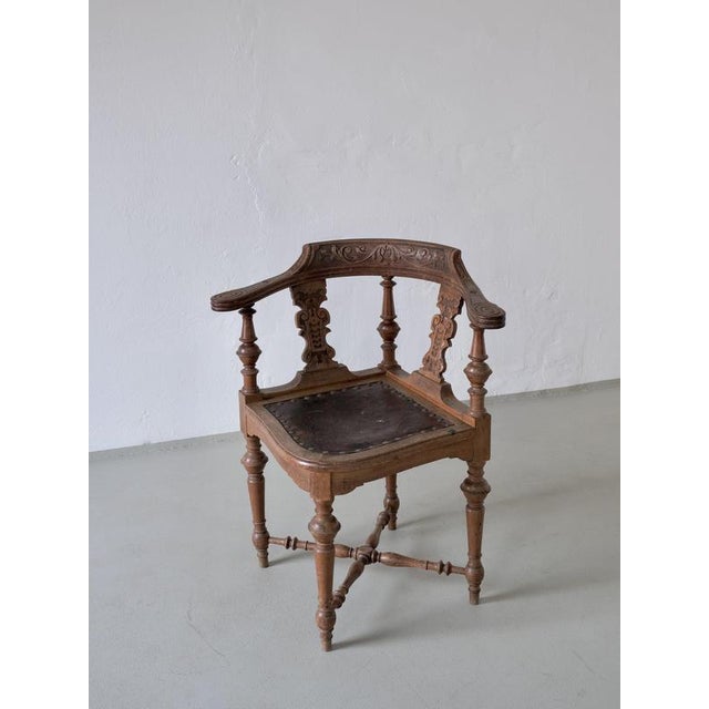 Antique Carved Corner Chair with Leather Seat For Sale - Image 10 of 10