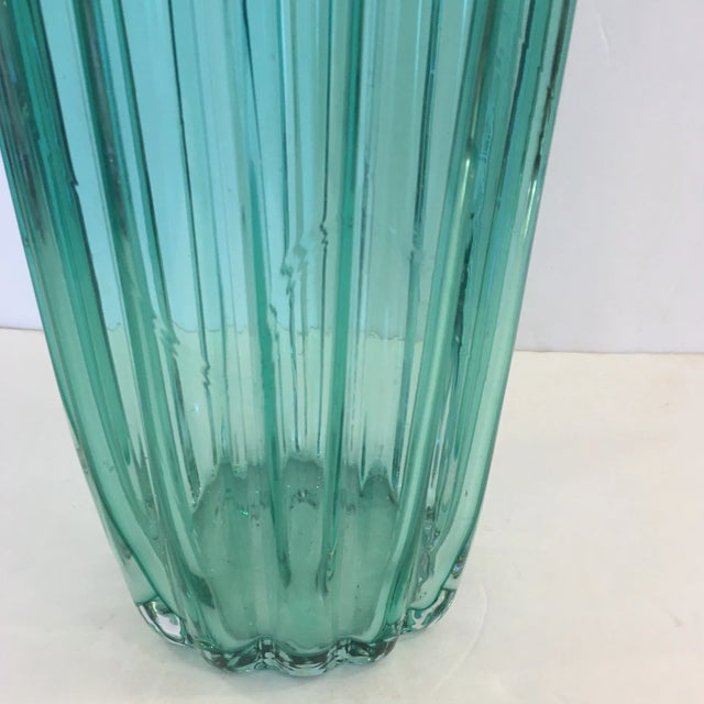 Blenko Handblown Tall Green Ribbed Glass Vase For Sale - Image 9 of 12