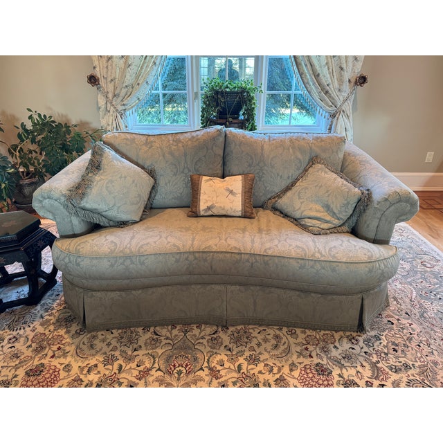 Traditional Ethan Allen Formal Damask Sofa – Pale Blue/Sage – Excellent Condition For Sale - Image 3 of 3