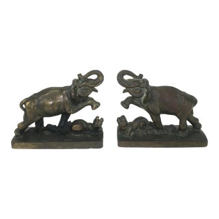 Vintage Iron Elephant Bookends With Bronze Finish For Sale