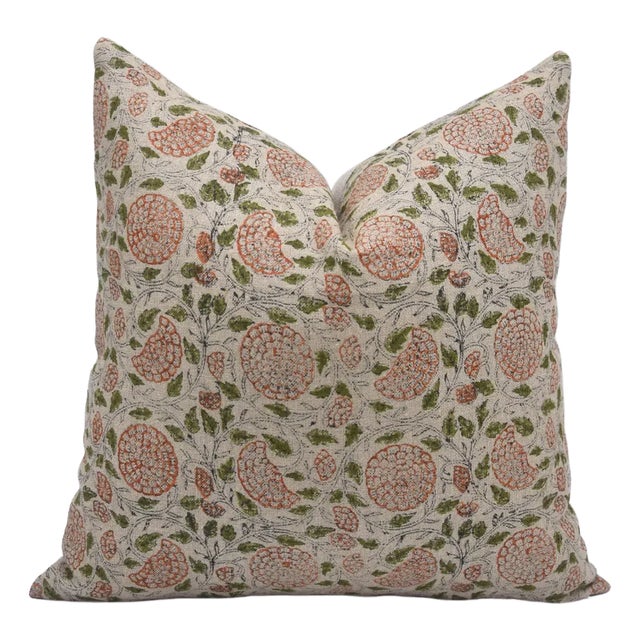 Throw Pillow Cover Designer Collection of Hand Block Printed 20x20 Inch Thick Linen - Karwachauth For Sale