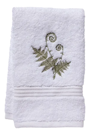 Olive Fiddlewood Fern Guest Towel White Terry, Embroidered