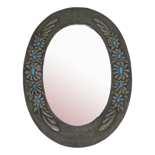 Oval Wall Mirror with Pewter Frame Decorated with Large Flowers in Relief, with Turquoise Heart, 1950s For Sale