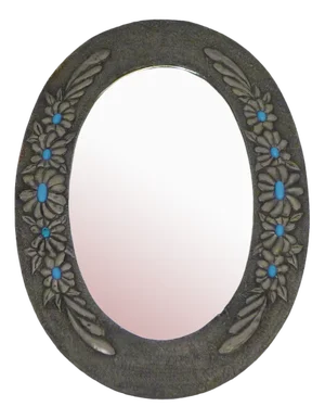 Oval Wall Mirror with Pewter Frame Decorated with Large Flowers in Relief, with Turquoise Heart, 1950s