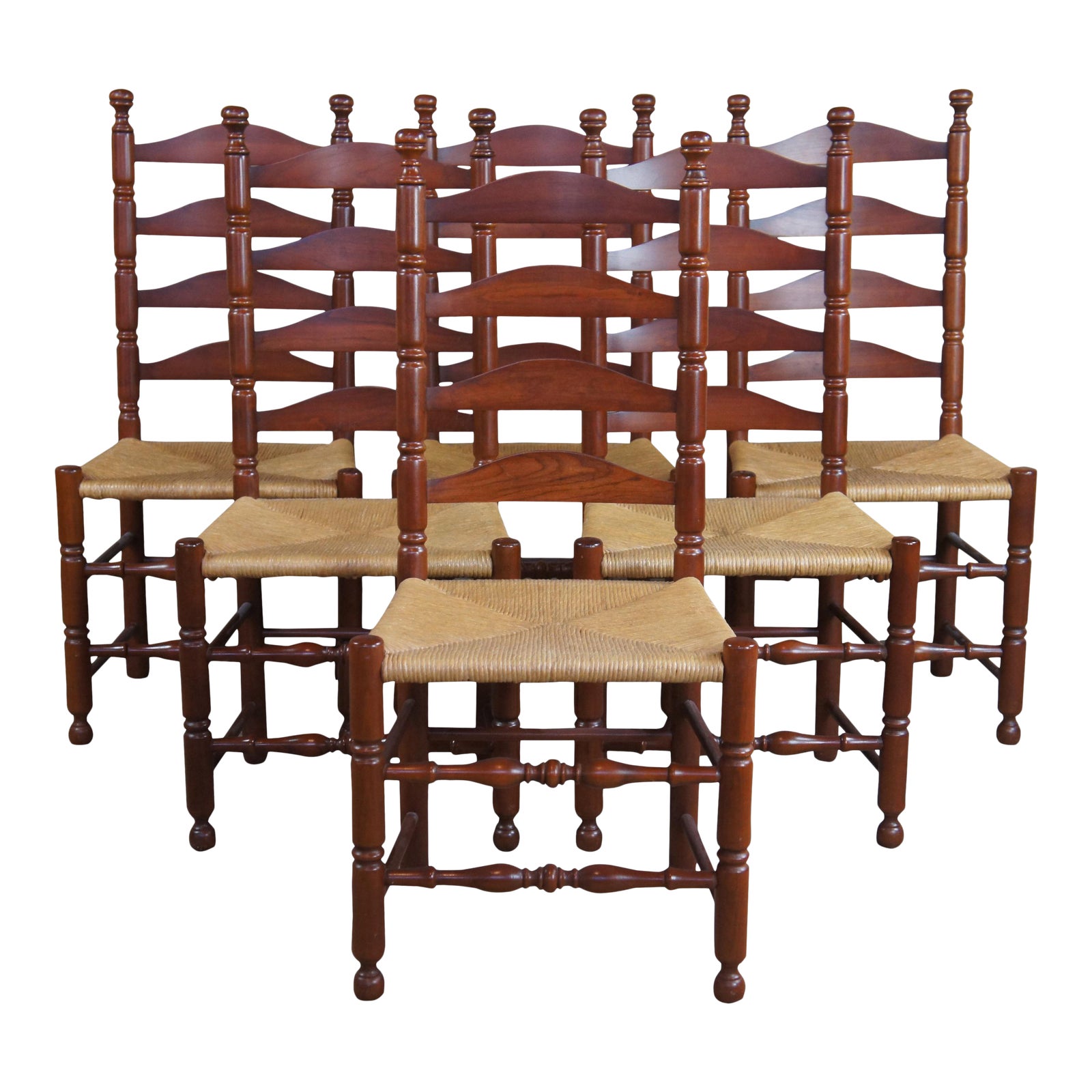 Vintage Amish Shaker Cherry Ladder Back Rush Dining Chairs Set of 6