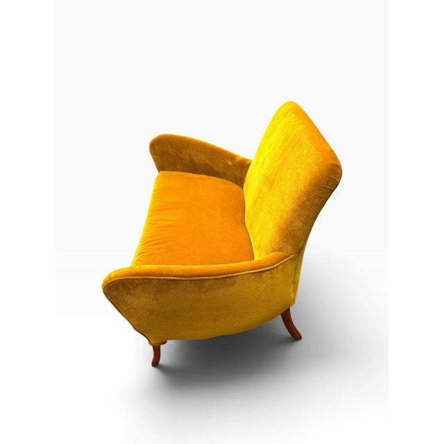 1950s Italian Mid-Century Modern Sculptural Wing Arm Loveseat | Restored in Saffron Velvet | C. 1950s For Sale - Image 5 of 11