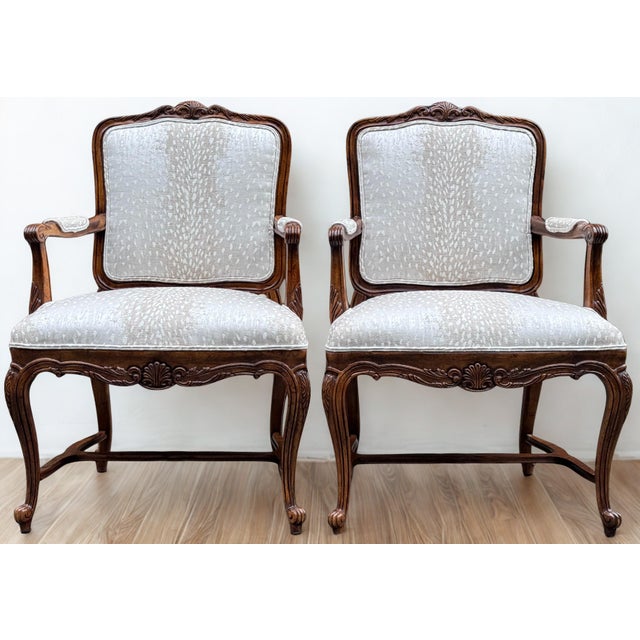 Here is a stunning pair of French Loius XV Style bergere chairs newly professionally refurbished with all new upholstery...
