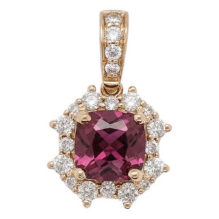 Cushion Rhodolite Garnet Pendant With Earth Mined Diamonds in Solid 14k Gold For Sale