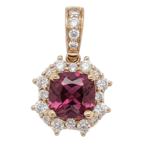 Cushion Rhodolite Garnet Pendant With Earth Mined Diamonds in Solid 14k Gold For Sale