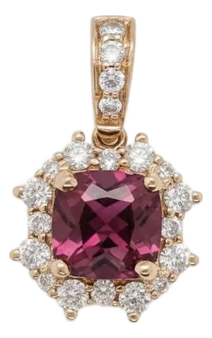 Cushion Rhodolite Garnet Pendant With Earth Mined Diamonds in Solid 14k Gold