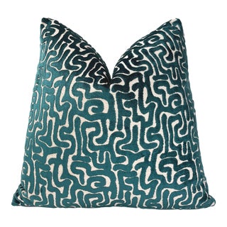 Teal Maze Velvet Throw Pillow With Feather Down Insert For Sale