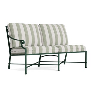 Brown Jordan Venetian Left Arm Loveseat in Forest Green with Forest Stripe Cushions For Sale
