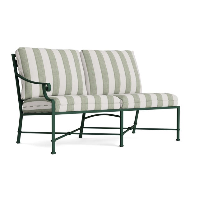 Brown Jordan Venetian Left Arm Loveseat in Forest Green with Forest Stripe Cushions For Sale