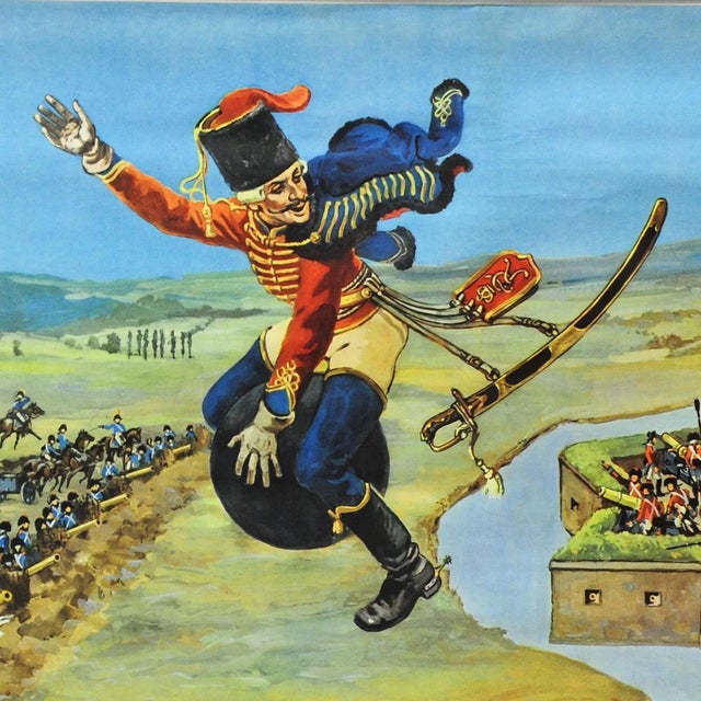 A vintage pull-down wall chart illustrating a scenery of Munchausen fairy tale: "ride on a cannonball". Used as teaching...