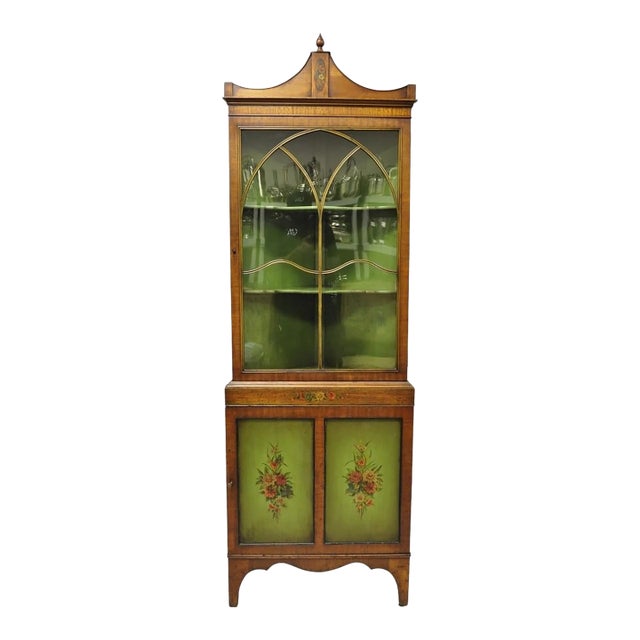 Antique English Adams Style Green Hand Painted Narrow Corner China Cabinet For Sale