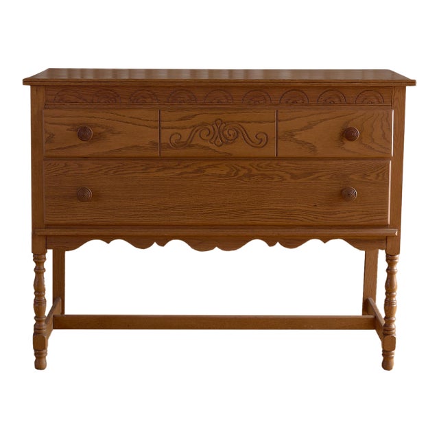 The Vintage Oak Two Drawer Carved Chest For Sale