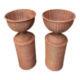 Pair of Vintage Woven Wicker Urn Planters on Cylindrical Pedestals For Sale