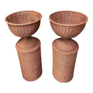 Pair of Vintage Woven Wicker Urn Planters on Cylindrical Pedestals For Sale
