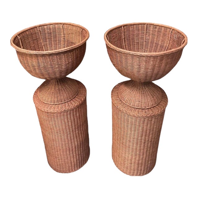 Pair of Vintage Woven Wicker Urn Planters on Cylindrical Pedestals For Sale