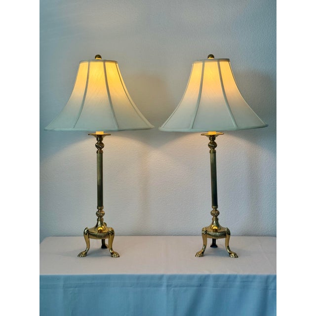 1960s Mid Century Attributed to Frederick Cooper Brass Candlestick Style Table Lamps on Tripodal Legs With Paw Feet For Sale - Image 10 of 11