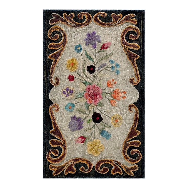 1900s Colorful Floral Folk Art Antique American Hooked Rug 2'6"x 4'0" Handknotted Wool Carpet For Sale