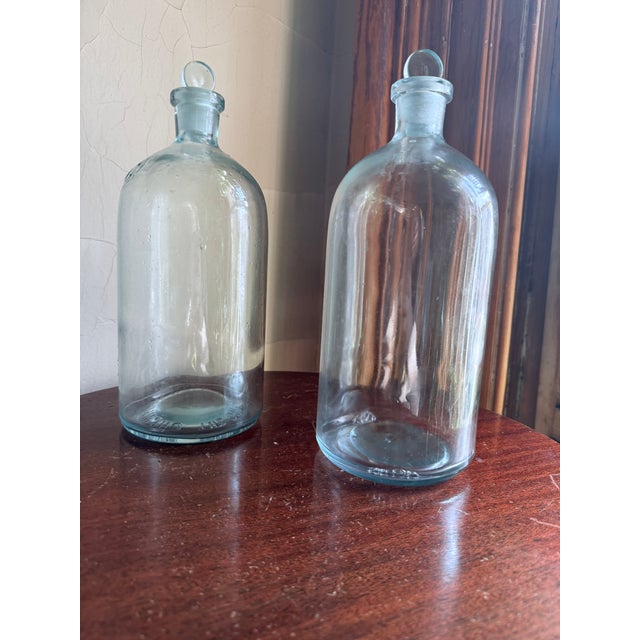 Blue Mid-20th Century Laboratory Reagent Bottle With Ground Glass Stopper Narrow Mouth Apothecary Glass Vessel For Sale - Image 8 of 15