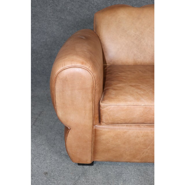 Pair Restored French Art Deco Style Leather Distressed Moustache Club Chairs For Sale - Image 14 of 14