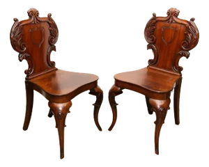 Set of Antique Victorian Hall Chairs with Carved Seats, 1840