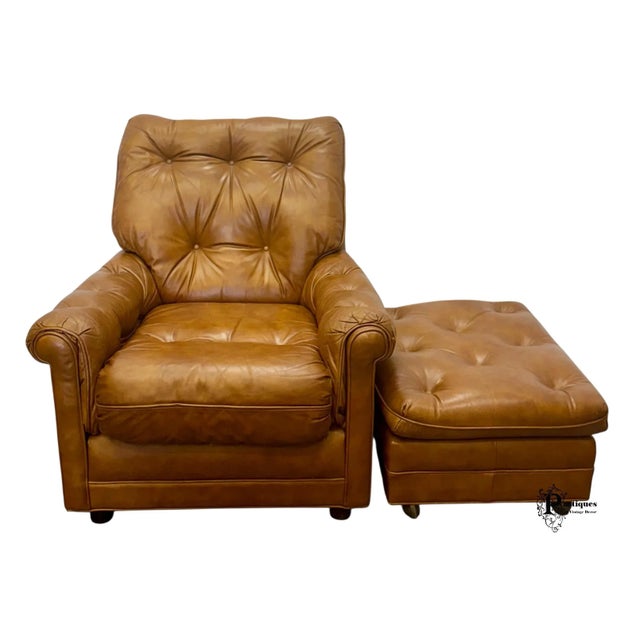 Vintage Classic Leather Traditional Style Tufted Top Grain Leather Club Chair & Ottoman For Sale - Image 12 of 12