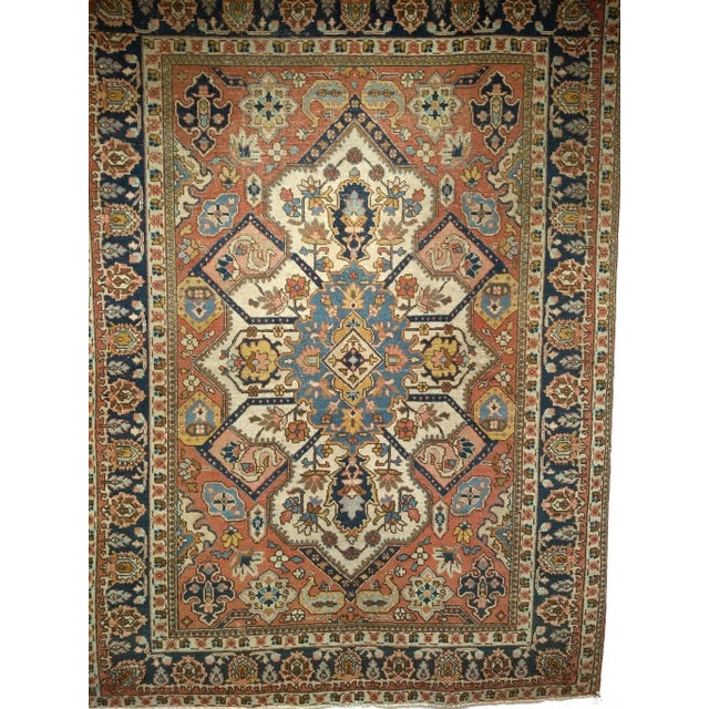 Vintage Persian Tabriz Area Rug, Handwoven Heriz Serapi Geometric Pattern, Ivory & Red, 5’ X 6’ For Sale - Image 4 of 11