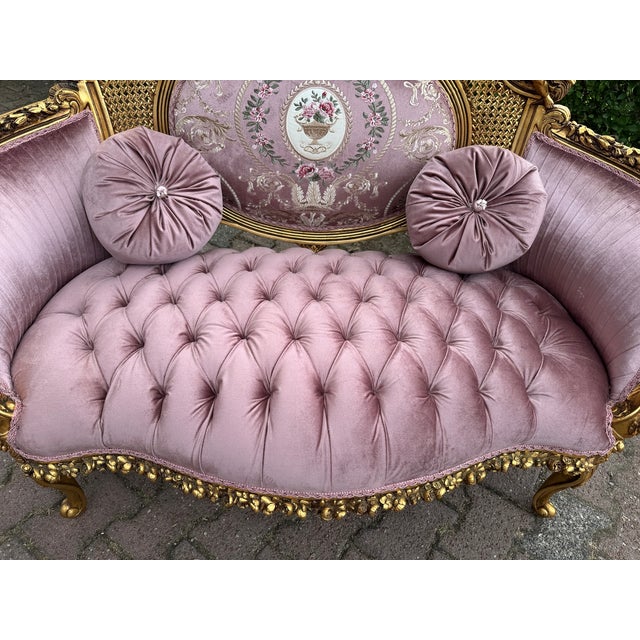 1940 French Louis XVI Gold Beech Rose Velvet Settee For Sale - Image 10 of 18