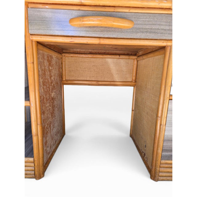 1950s 1950s Mid Century Rattan Grasscloth Streamline Wood Desk and Chair For Sale - Image 5 of 11
