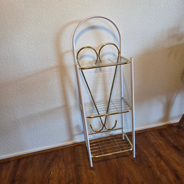 Vintage White & Gold Metal Three-Tier Heart Scroll Plant Stand For Sale In Phoenix - Image 6 of 8