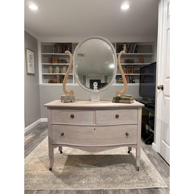 Victorian 1940s Birds Eye Maple Dresser and Nightstand With Maple Harp Mirror For Sale - Image 3 of 9