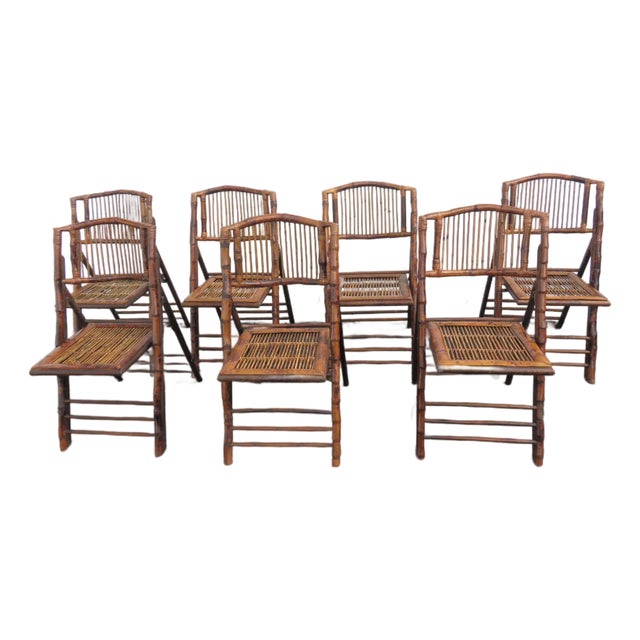 Hollywood Regency Bamboo Folding Dining Chairs Set of Seven 6149 For Sale