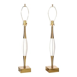 Mid-Century Stewart Ross James Attrib. White Incised Wood and Brass Table Lamps - a Pair For Sale