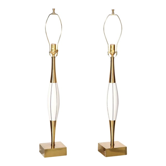 Mid-Century Stewart Ross James Attrib. White Incised Wood and Brass Table Lamps - a Pair For Sale