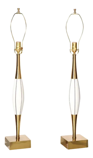 Mid-Century Stewart Ross James Attrib. White Incised Wood and Brass Table Lamps - a Pair