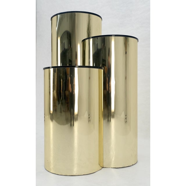 Triptych Round Cylinder Brass Finish Multi Level Pedestal Stand Table For Sale - Image 13 of 15