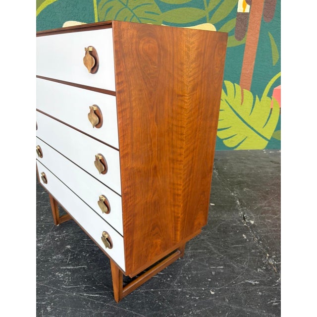Wood Mid Century Stanley Tallboy W/ Brass Spade Pulls For Sale - Image 7 of 14