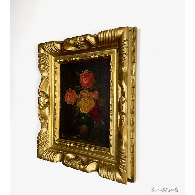 Vintage Floral Painting With Dark Background in Gold Frame For Sale In Raleigh - Image 6 of 12