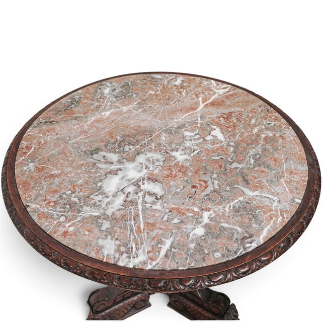 Mid 19th Century Antique Marble Top Carved Oak Round Table Made in Belgium For Sale - Image 5 of 6