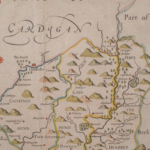 Glass Antique Carmarthenshire County Map, Framed Wales Cartography, John Speed, c.1662 For Sale - Image 7 of 12