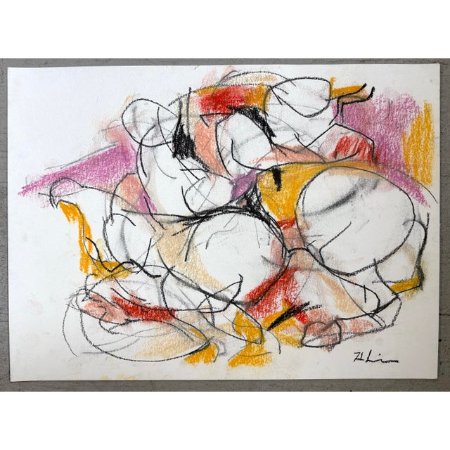 Equestrian Dance, Blue and Yellow, is an expressive abstract horse drawing created in charcoal and pastel, capturing the...