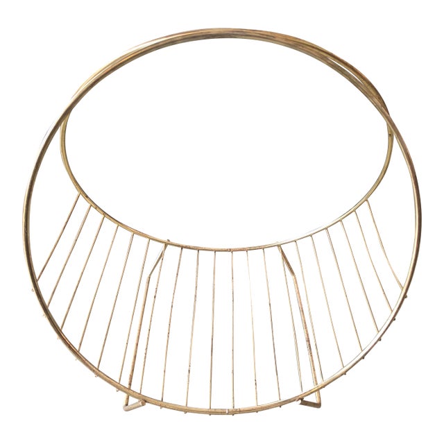Vintage Mid-Century Modern Brass Hoop Wire Log Holder & Record Rack For Sale