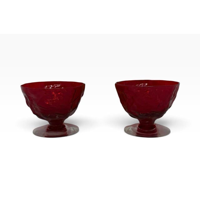 Ruby Red Vintage Seneca Glass Driftwood Casual Pattern 3” Ruby Red Champagne Coupes Tall Footed Sherbets - A Pair For Sale - Image 8 of 12