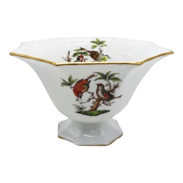 Herend Rothschild Bird Hand-Painted White Flared Bowl, Hungary For Sale