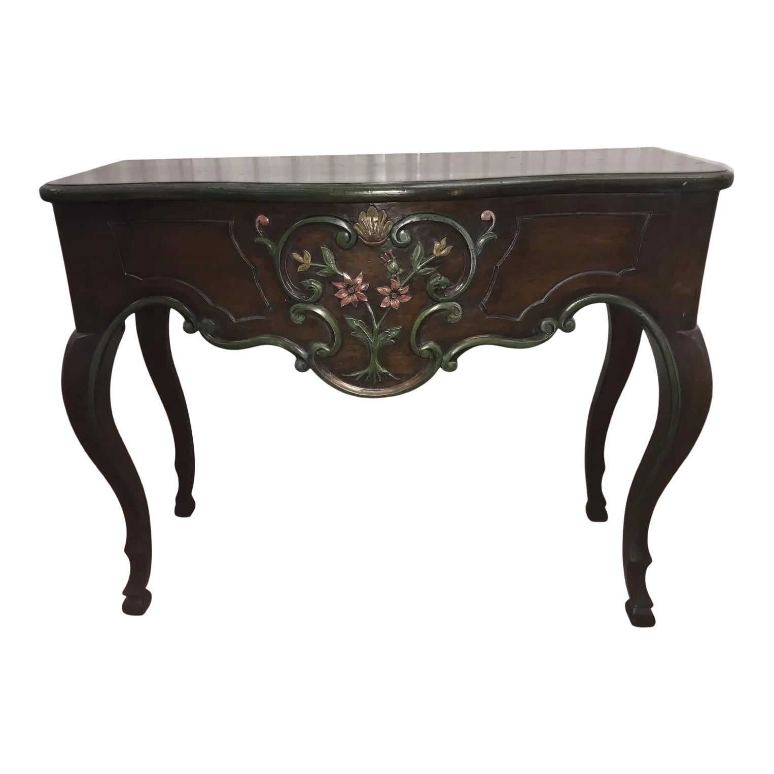 Carved Dark Wood Entry Console With Hand Painted Flowers / Brown With ...